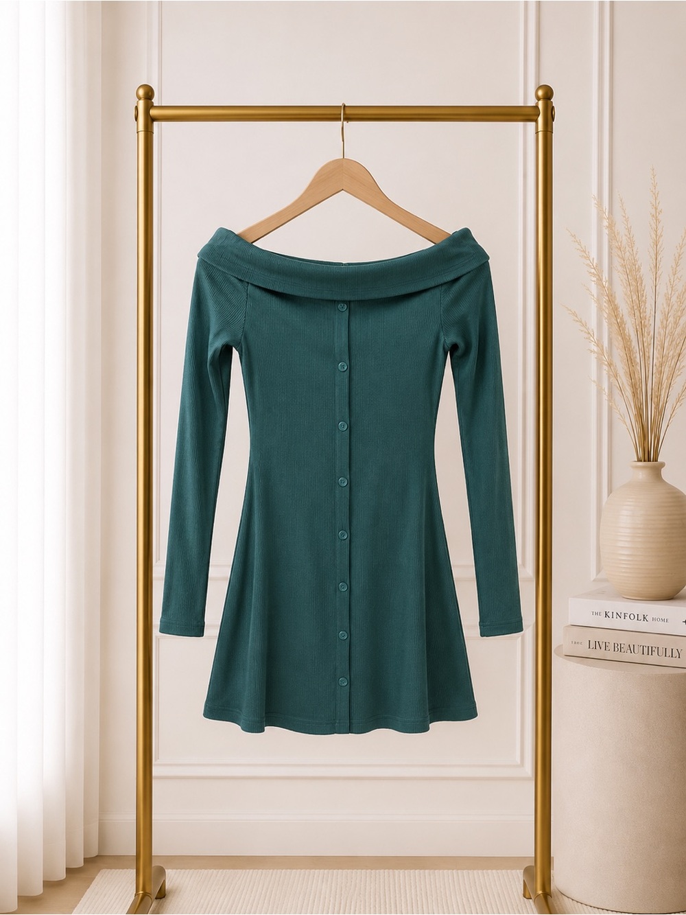 🔴 Wild fable Teal Off-Shoulder Button-Back Long Sleeve Dress